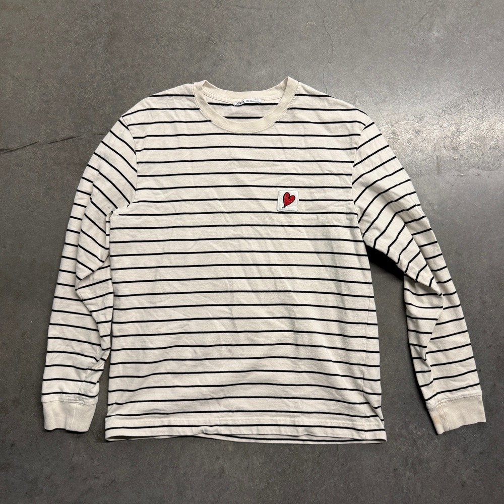 Zara Mens Striped Long Sleeve T-Shirt Ivory Blue Heart Patch Size Large